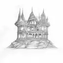 A sketch-style tattoo of a spooky haunted house from a scary movie, with three ghostly figures lurking in the shadows. tattoo design idea