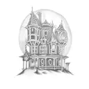 A sketch-style tattoo of a spooky haunted house from a scary movie, with three ghostly figures lurking in the shadows. tattoo design idea