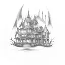 A sketch-style tattoo of a spooky haunted house from a scary movie, with three ghostly figures lurking in the shadows. tattoo design idea