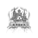 A sketch-style tattoo of a spooky haunted house from a scary movie, with three ghostly figures lurking in the shadows. tattoo design idea
