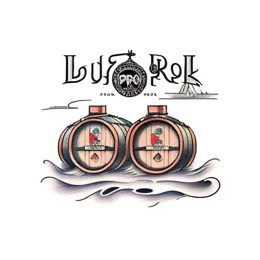 Port wine barrels where the front of each barrel is painted with a traditional lisbon ceramic tile print tattoo design idea