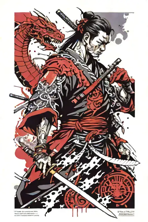 samurai, sword and dragon tattoo tattoo design idea