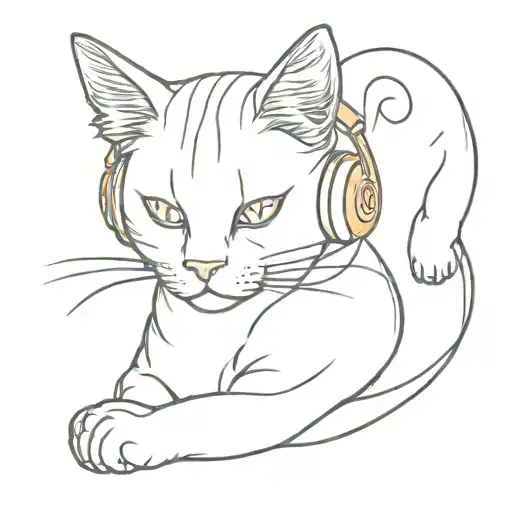 orange cat listening to music with headphones tattoo design idea