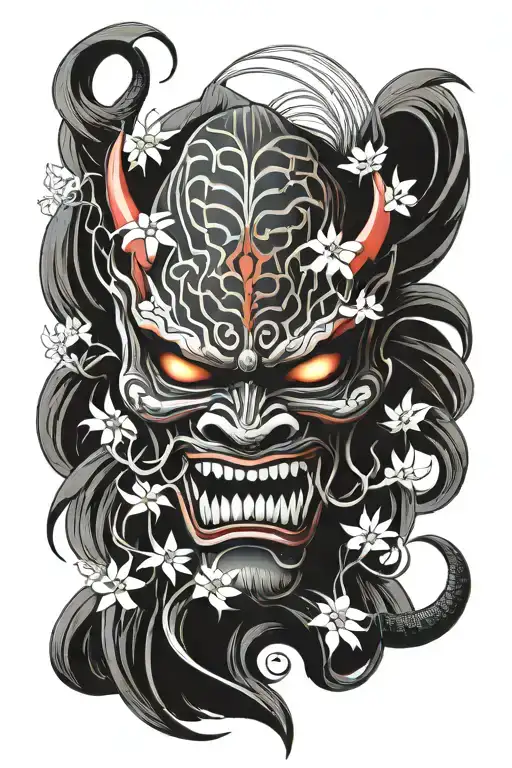 Oni Mask Red spider lily tattoo design idea