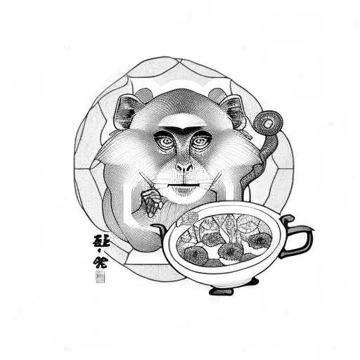 A dotwork tattoo of a Japanese macaque sitting on a traditional Japanese tea set, showcasing the harmony between nature and human creations tattoo design idea