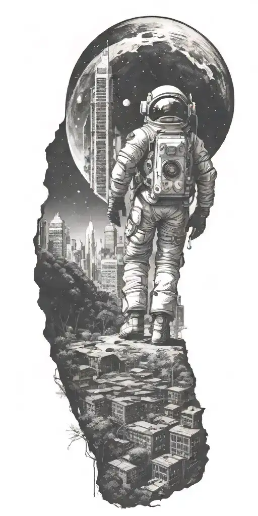 lonely astronaut walking through an abandoned metropolis with skyscrapers overgrown with trees under a cosmic sky  tattoo design idea
