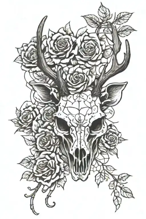 reindeer skull with spider web on the horns, surrounded by roses tattoo design idea