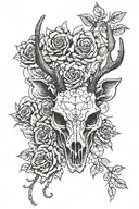 reindeer skull with spider web on the horns, surrounded by roses tattoo design idea