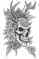 reindeer skull with spider web on the horns, surrounded by roses tattoo design idea