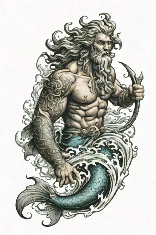 poseidon the god of the sea waves, pisces sign, fishes tattoo design idea