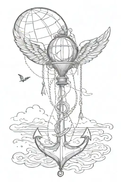 An anchor with a balloon tied to it floating away. The Balloon has angel wings and a halo tattoo design idea