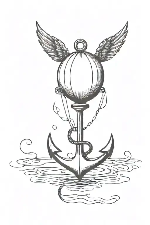 An anchor with a balloon tied to it floating away. The Balloon has angel wings and a halo  tattoo design idea