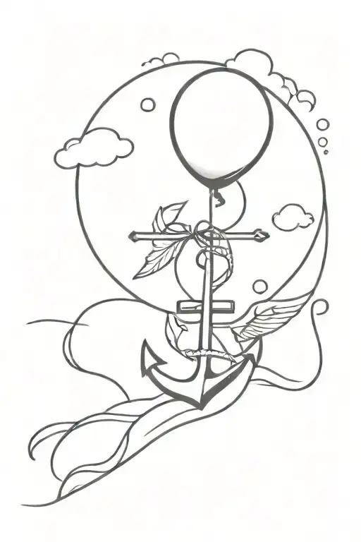 An anchor with a balloon tied to it floating away. The Balloon has angel wings and a halo  tattoo design idea