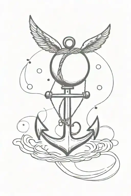 An anchor with a balloon tied to it floating away. The Balloon has angel wings and a halo  tattoo design idea