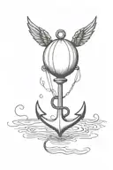 An anchor with a balloon tied to it floating away. The Balloon has angel wings and a halo  tattoo design idea