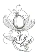 An anchor with a balloon tied to it floating away. The Balloon has angel wings and a halo  tattoo design idea