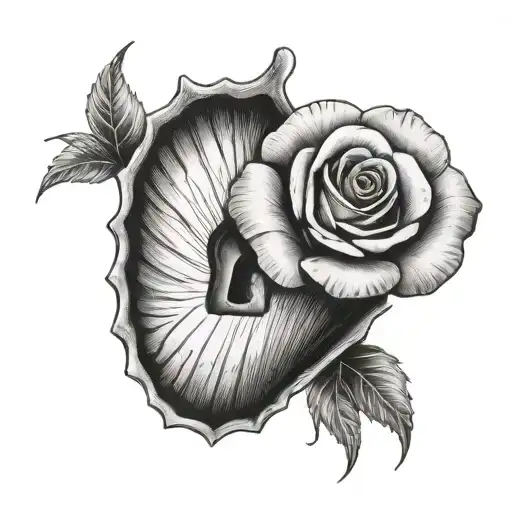 scallop shell with padlock inside and one rose tattoo design idea
