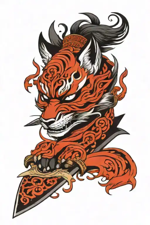 Japanese fox mask knife tattoo design idea