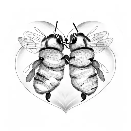 two bumble bees in love flying holding a heart between each other  tattoo design idea