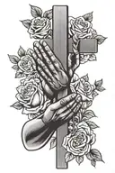 praying hands holding cross with roses growing tattoo design idea