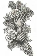 praying hands holding cross with roses growing tattoo design idea