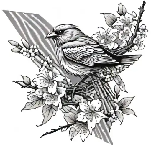 A majestic bird adorned with Japanese cherry blossoms and Formula One racing stripes tattoo design idea