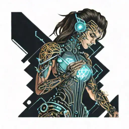 female warrior electrician repairing Zeus's thunderbolt with Tesla electrical tattoo design idea