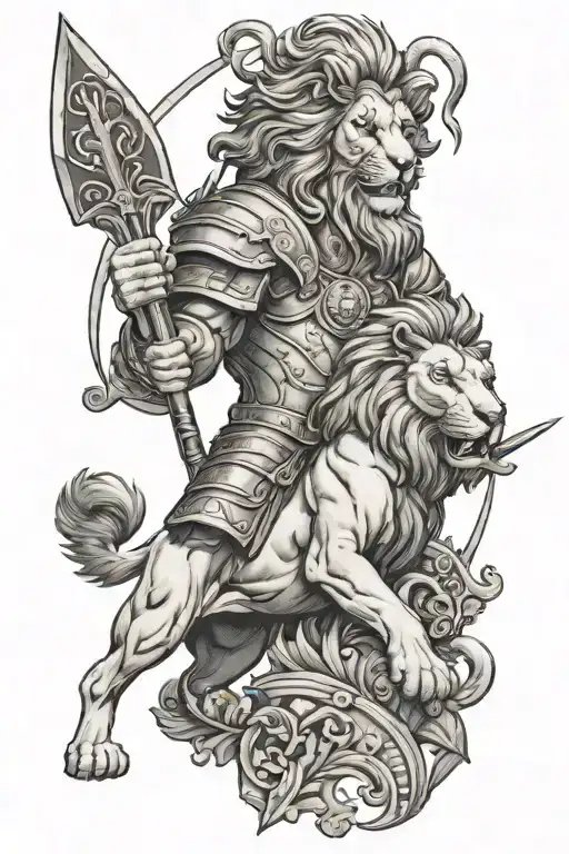lion and Roman soldier with spear tattoo design idea