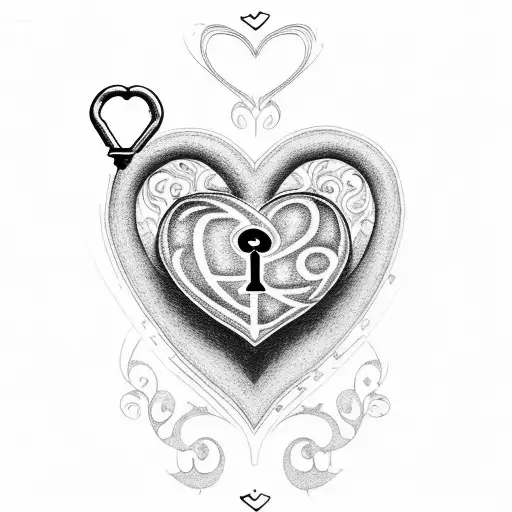 A dotwork tattoo of a heart-shaped lock with the letters C and I as the key, symbolizing the love between a wife and husband. tattoo design idea