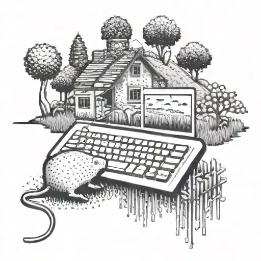 A pixelated farm scene with a computer mouse and keyboard integrated into the design tattoo design idea