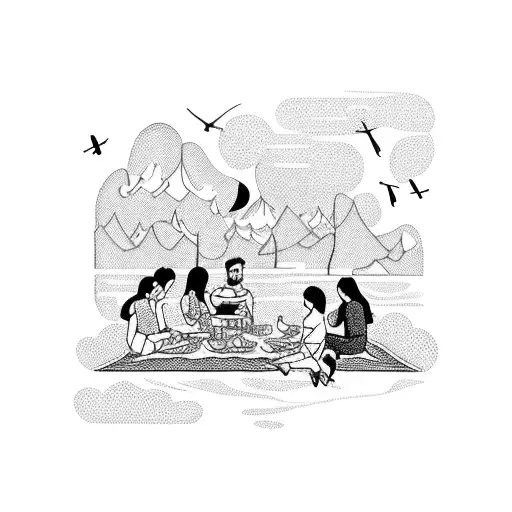 A group of friends and family enjoying a picnic by the lake with airplanes flying overhead tattoo design idea