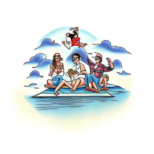 A group of friends and family enjoying a picnic by the lake with airplanes flying overhead tattoo design idea