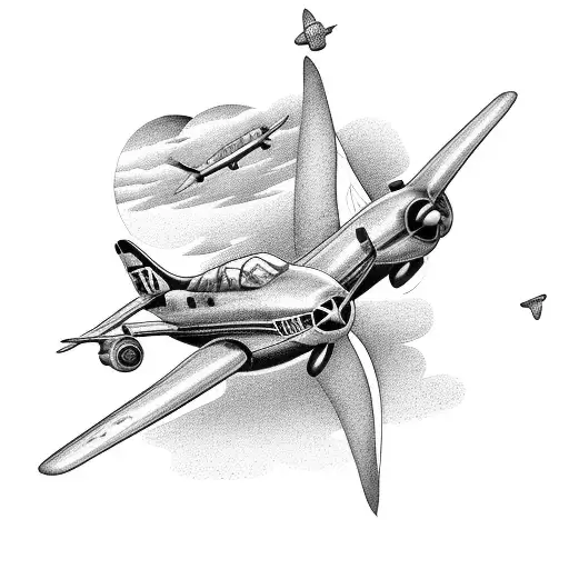 A group of friends and family enjoying a picnic by the lake with airplanes flying overhead tattoo design idea