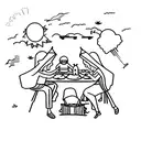 A group of friends and family enjoying a picnic by the lake with airplanes flying overhead tattoo design idea
