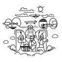 A group of friends and family enjoying a picnic by the lake with airplanes flying overhead tattoo design idea