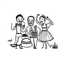 A group of friends and family enjoying a picnic by the lake with airplanes flying overhead tattoo design idea