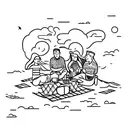 A group of friends and family enjoying a picnic by the lake with airplanes flying overhead tattoo design idea