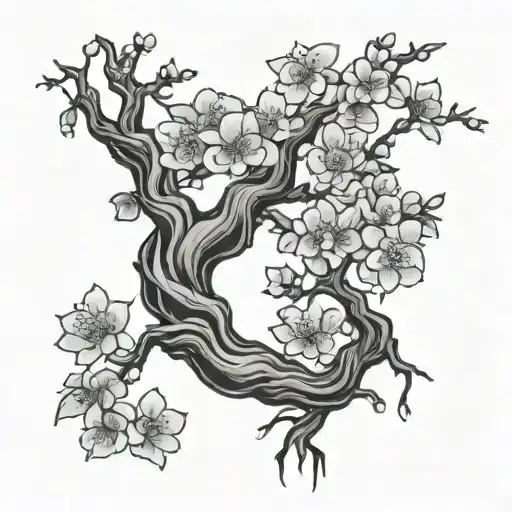 cherry blossom tree with 5 accent flowers and roots tattoo design idea