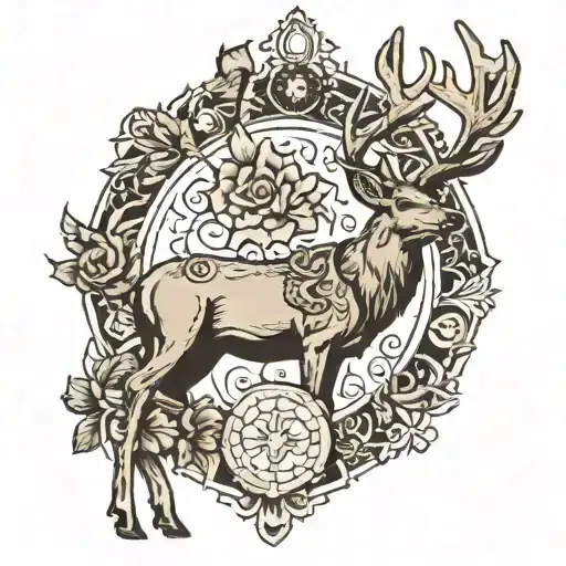 A traditional tattoo of a majestic stag surrounded by symbols of the infantry tattoo design idea