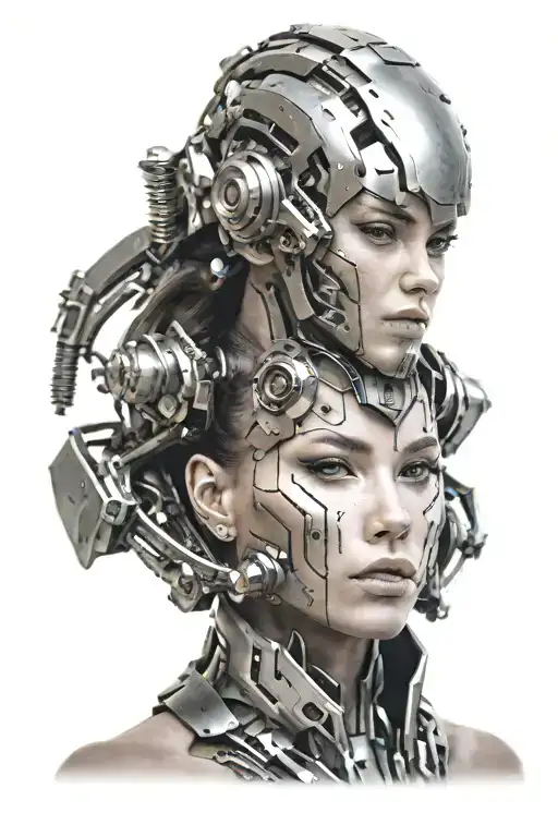 The woman has a face sculpted by soft but striking features, a futuristic armor just for her face tattoo design idea