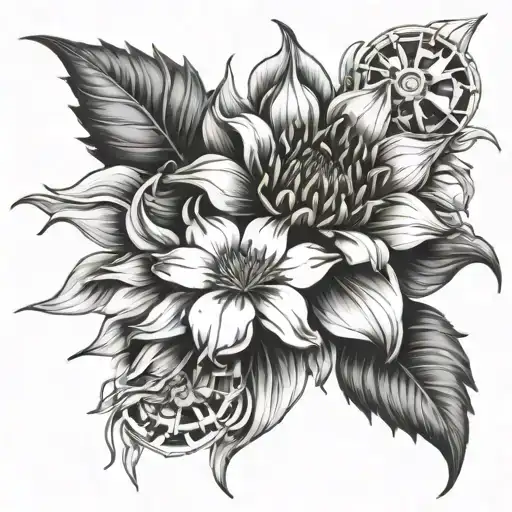 Lily sunflower peony flower tattoo design idea