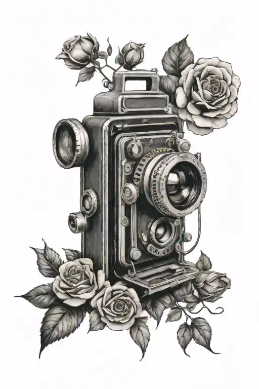 A vintage camera surrounded by roses and ghostly images, symbolizing the fleeting nature of photography tattoo design idea