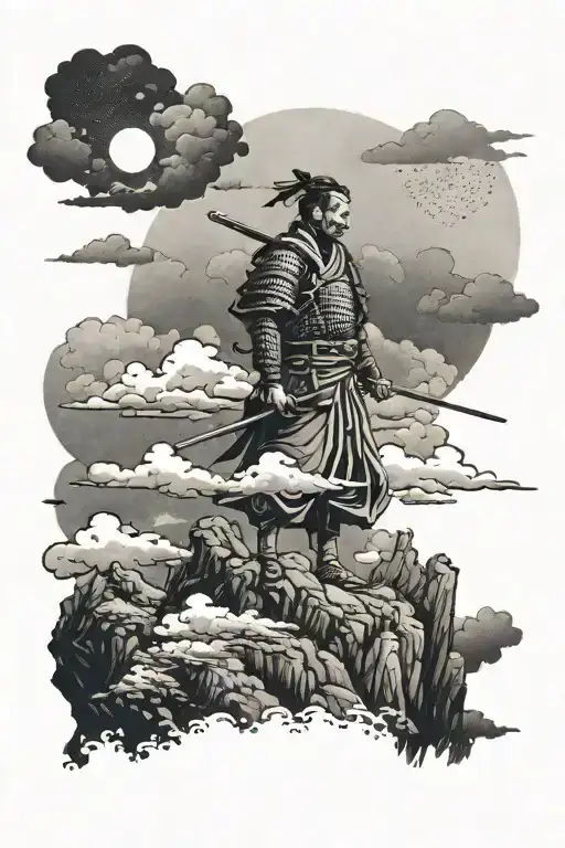 A Japanese samurai warrior standing on a mountain peak, gazing at the clouds and contemplating the mysteries of life tattoo design idea