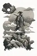 A Japanese samurai warrior standing on a mountain peak, gazing at the clouds and contemplating the mysteries of life tattoo design idea