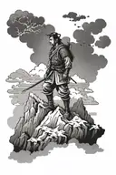 A Japanese samurai warrior standing on a mountain peak, gazing at the clouds and contemplating the mysteries of life tattoo design idea