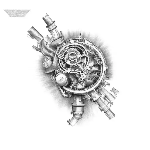 A mechanical heart with car parts and pistons tattoo design idea