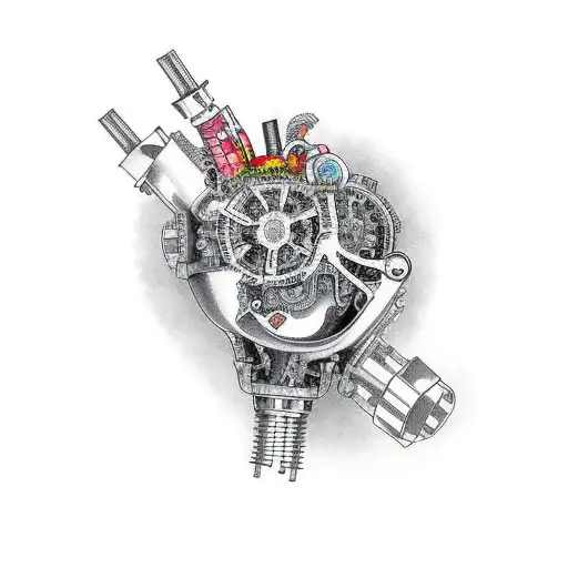 A mechanical heart with car parts and pistons tattoo design idea