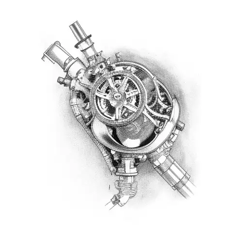 A mechanical heart with car parts and pistons tattoo design idea