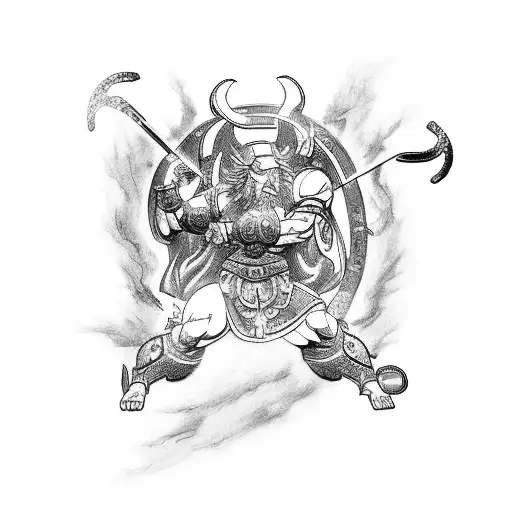 A tattoo combining elements of Greek mythology and Japanese anime, featuring Zeus wielding a lightning bolt in a samurai-inspired armor tattoo design idea