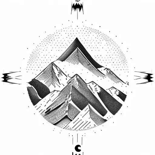 Mountain Scene with compass background tattoo design idea